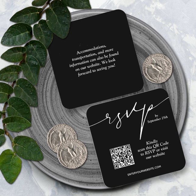 Tarjeta De Recepción Boda de código QR de Moda simple (Simple QR code black wedding RSVP cards 2.5" x 2.5")