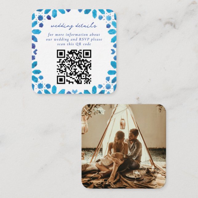 Tarjeta De Recepción Boda de código QR de mosaicos azul marroquí (Anverso / Reverso)
