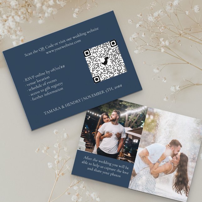 Tarjeta De Recepción Boda de código QR de Navy Blue 2 Photo Online RSVP (Subido por el creador)