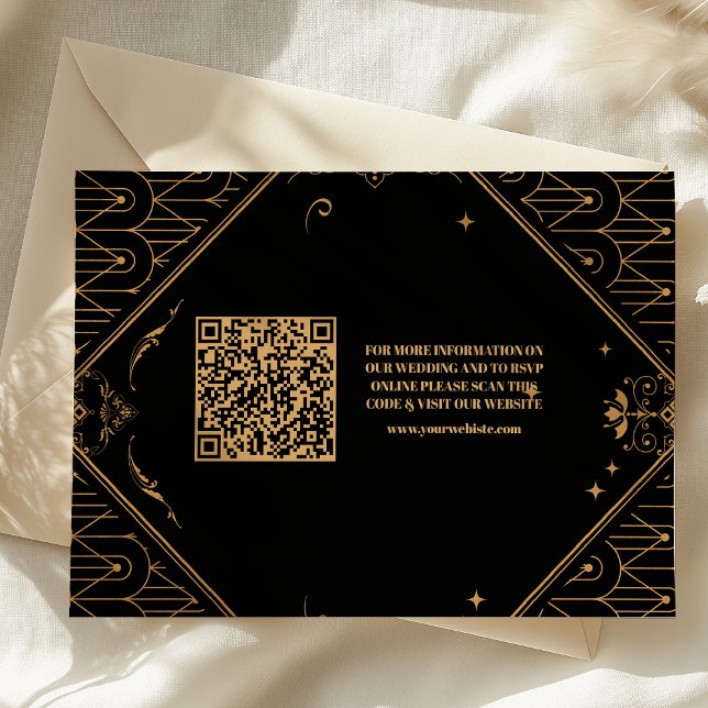 Tarjeta De Recepción Boda de código QR de oro negro geométrico Art Deco (Subido por el creador)
