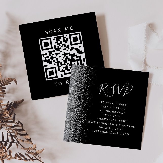 Tarjeta De Recepción Boda de código QR de Purpurina de plata negra de p (Subido por el creador)