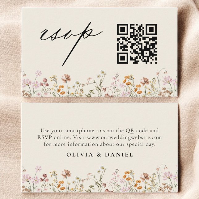 Tarjeta De Recepción Boda de código QR de Wildflower Boho Cream RSVP (Subido por el creador)