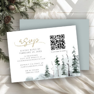 Tarjeta De Recepción Boda de código QR de Winter Pine Forest Sage RSVP