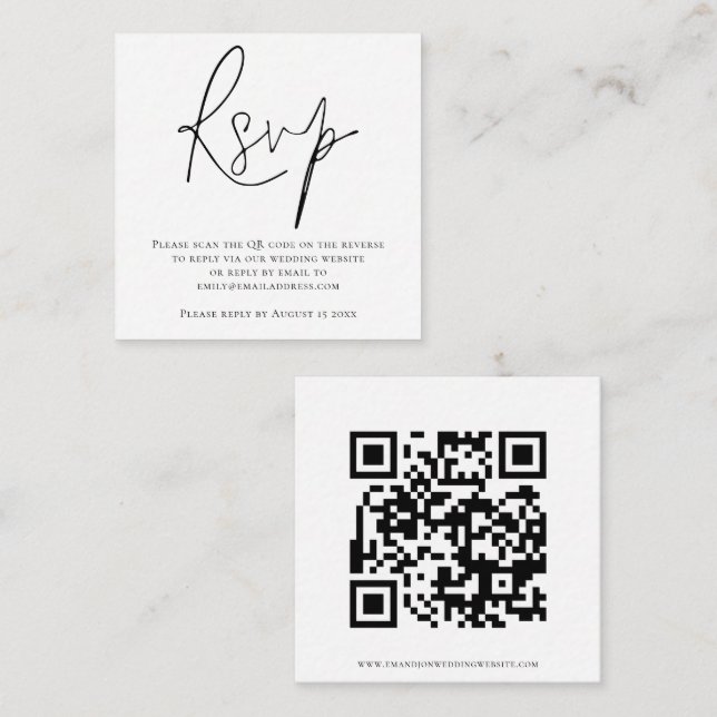 Tarjeta De Recepción Boda de código QR manuscrito Gabinete RSVP blanco  (Anverso / Reverso)