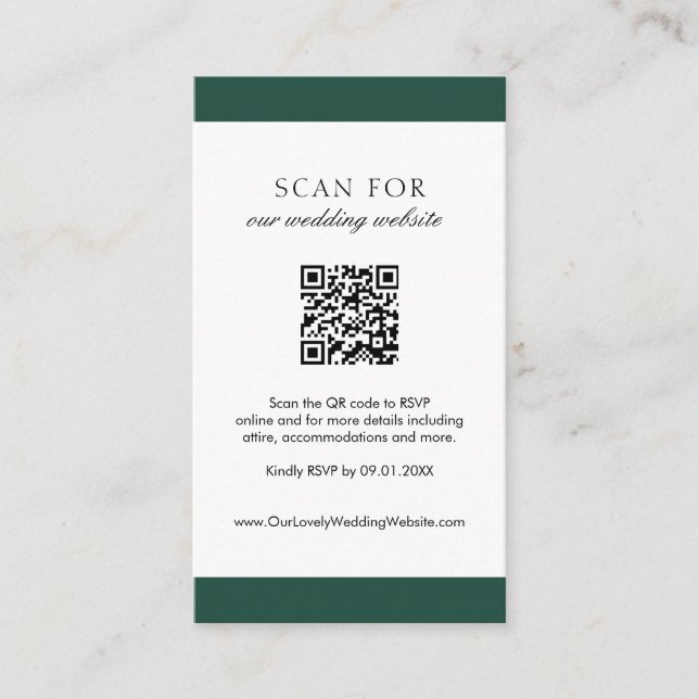 Tarjeta De Recepción Boda de código QR moderno verde esmeralda mínimo (Anverso)