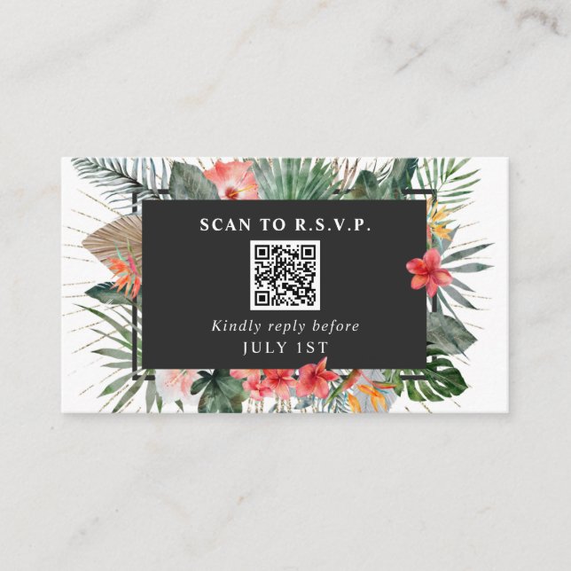 Tarjeta De Recepción Boda de código QR RSVP Floral tropical (Anverso)