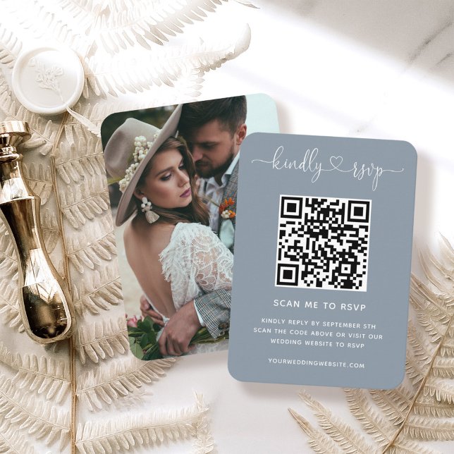 Tarjeta De Recepción Boda de código QR sitio web RSVP Dusty Blue Photo (Subido por el creador)