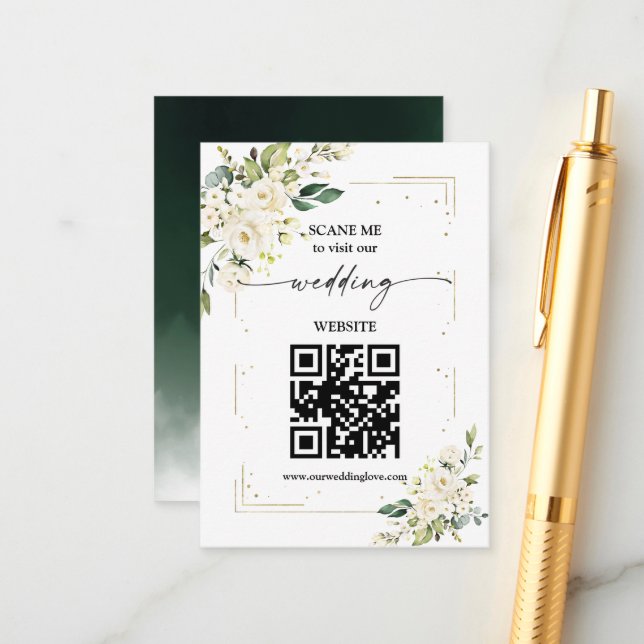 Tarjeta De Recepción Boda de código QR sitio web White Floral Gold Encl (Anverso/Reverso In Situ)