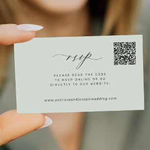 Tarjeta De Recepción Boda de código QR verde sage moderna RSVP mini