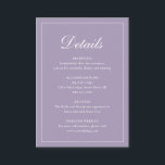 Tarjeta De Recepción Boda de color púrpura elegante y formal<br><div class="desc">Tarjeta de gabinete boda púrpura y lavanda de estilo tradicional con un diseño sencillo con "Detalles" en una caligrafía elegante dentro de un borde delgado. La plantilla le permite compartir información importante sobre su día especial. Este diseño clásico es perfecto para un boda formal.</div>