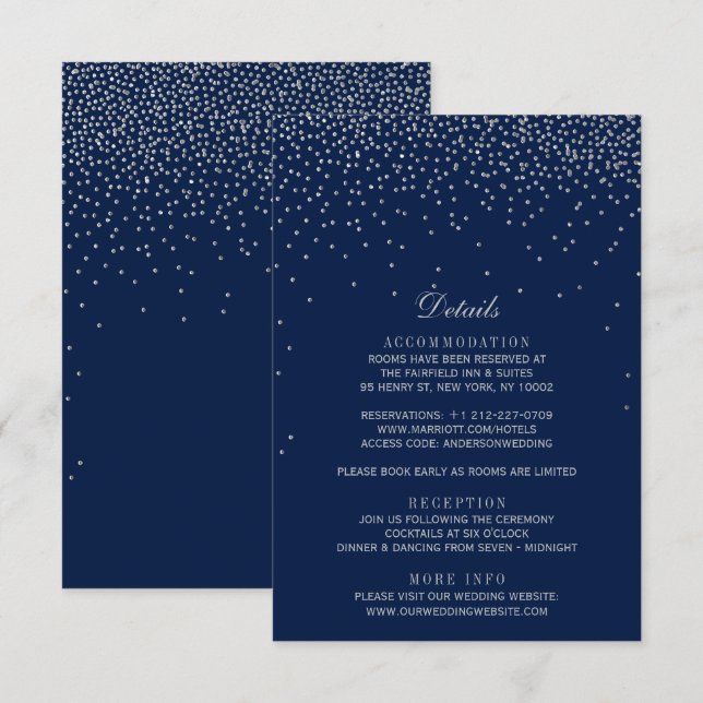 Tarjeta De Recepción Boda de Confetti Azul y Glam Plata de Marina (Anverso / Reverso)