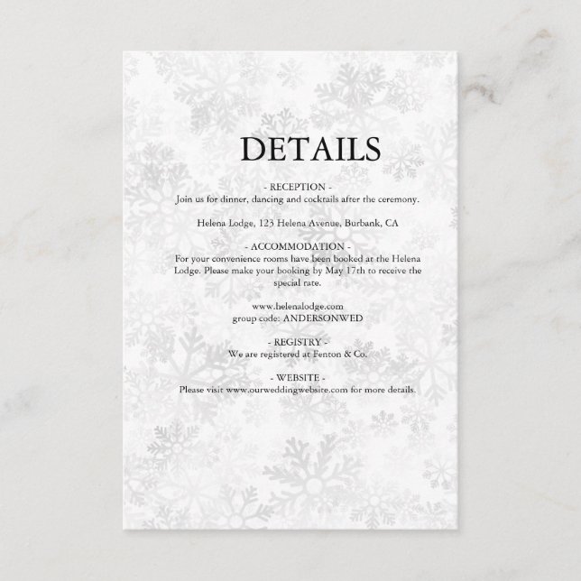 Tarjeta De Recepción Boda de copo de nieve de invierno (Anverso)