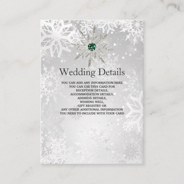 Tarjeta De Recepción boda de copos de nieve verde esmeralda plateado (Anverso)
