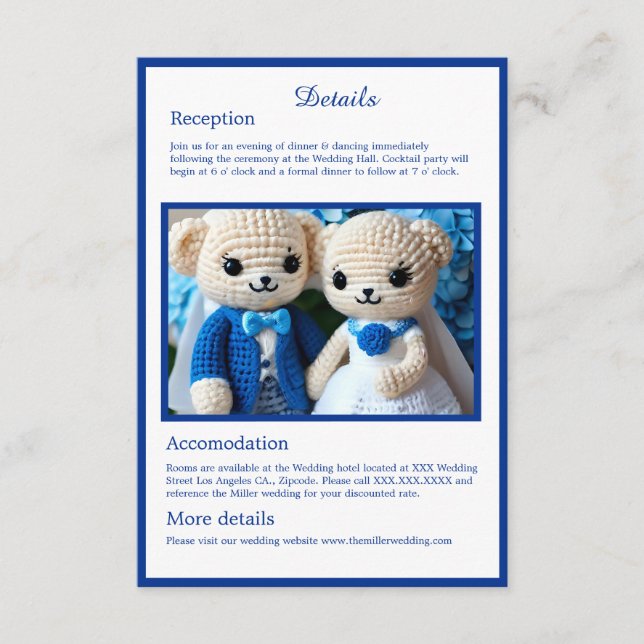 Tarjeta De Recepción boda de crochet azul y blanco lindo (Anverso)