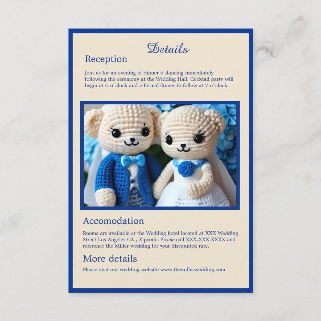 Tarjeta De Recepción boda de crochet azul y blanco lindo (Anverso)