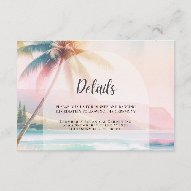 Tarjeta De Recepción Boda de destino de palmeras oceánicas de playa (Anverso)