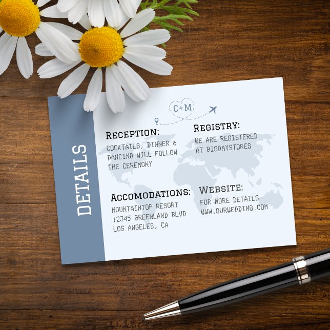 Tarjeta De Recepción Boda de destino mapa del mundo azul polvoriento (Subido por el creador)