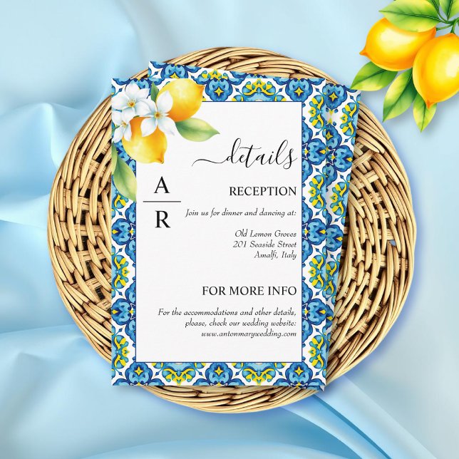 Tarjeta De Recepción Boda de detalles de azulejos y limones mediterráne (Subido por el creador)