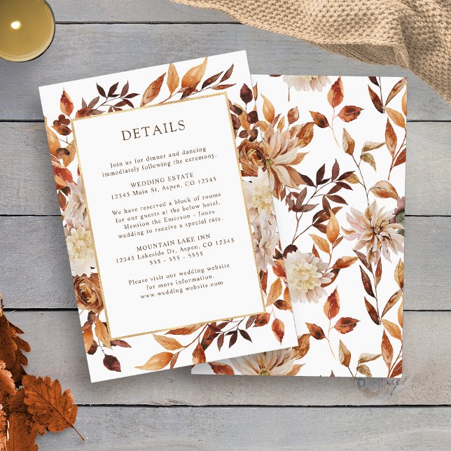 Tarjeta De Recepción Boda de detalles de caída (Watercolor Fall Leaves Detail Wedding Enclosure Card by Painted Paperie
)