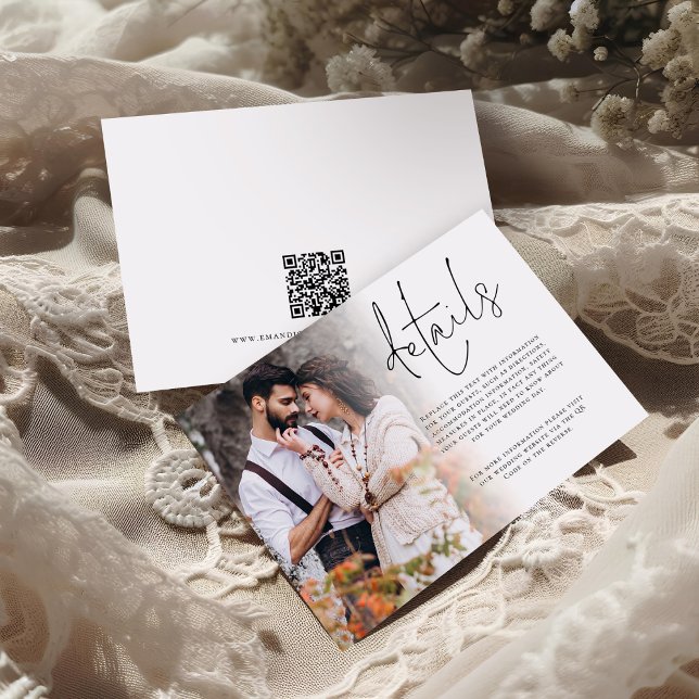 Tarjeta De Recepción Boda de detalles de código QR para superposición d (Front and back view)