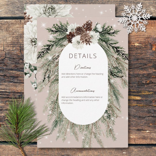 Tarjeta De Recepción Boda de detalles de espuma de invierno de Tan Pine (Rustic Tan Pine Winter Sparkle Details Wedding Enclosure Card)