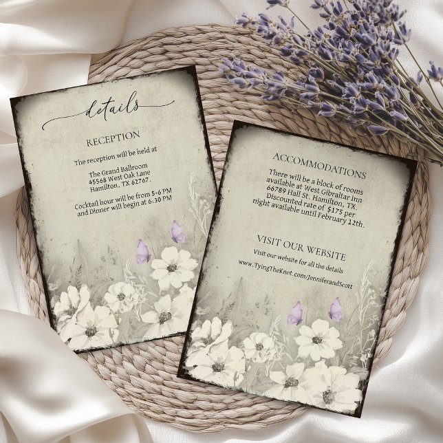 Tarjeta De Recepción Boda de detalles de flores silvestres de mariposa (Vintage Butterfly Details Enclosure Card)