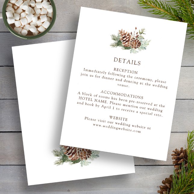 Tarjeta De Recepción Boda de detalles de invierno (Elegant Pinecone Winter Details Wedding Enclosure Card by Painted Paperie
)