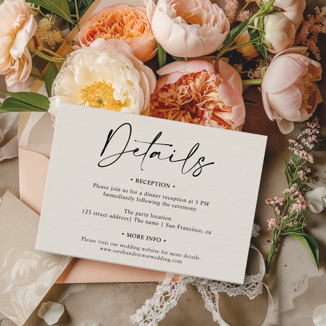 Tarjeta De Recepción Boda de detalles del guión blanco negro elegante y (Simple elegant black white script details wedding enclosure card)