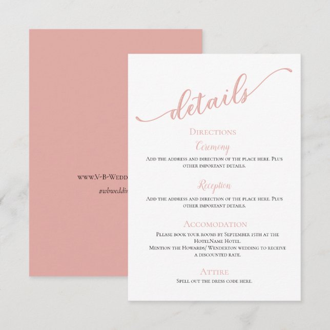 Tarjeta De Recepción boda de detalles simple y moderno de Rubor (Anverso / Reverso)