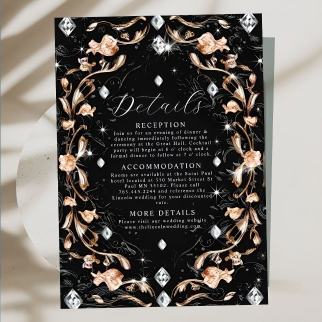 Tarjeta De Recepción Boda de diamantes florales de lujo negro (Subido por el creador)