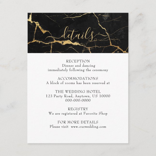 Tarjeta De Recepción Boda de diseño de mármol negro y dorado (Anverso)
