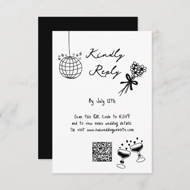 Tarjeta De Recepción Boda de Doodles de Ilustraciones negros dibujados  (Anverso / Reverso)