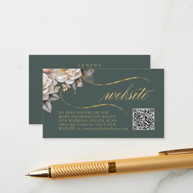 Tarjeta De Recepción Boda de drama floral Código QR Código verde ID1022 (Anverso/Reverso In Situ)