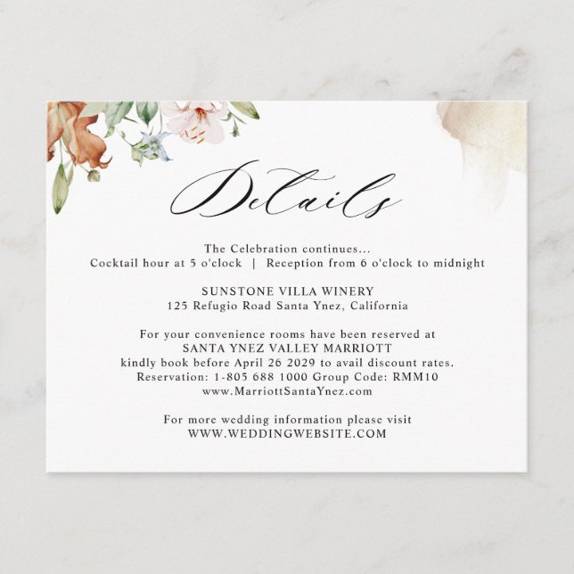 Tarjeta De Recepción Boda de Earthy Blooms Detalles de la acuarela Beig (Anverso)