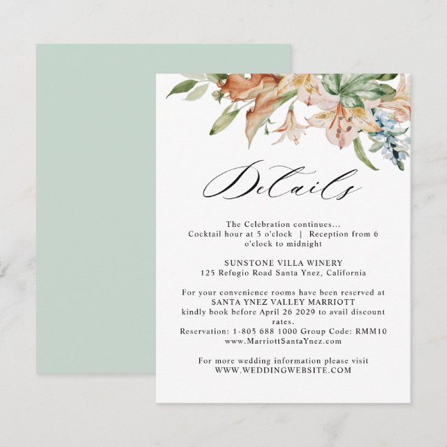 Tarjeta De Recepción Boda de Earts Blooms detalla blanco y verde (Anverso / Reverso)