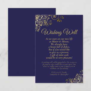 Tarjeta De Recepción Boda de encaje azul y oro de la marina deseando po