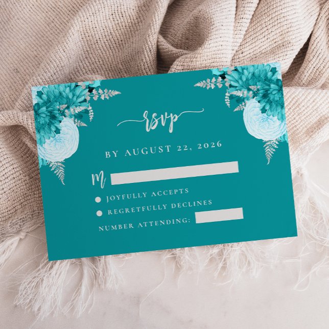 Tarjeta De Recepción Boda de escritura floral de plata turquesa RSVP En (Subido por el creador)