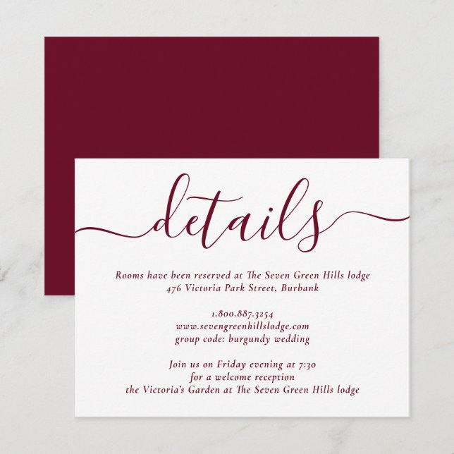 Tarjeta De Recepción Boda de escritura moderna de Borgoña (Anverso / Reverso)