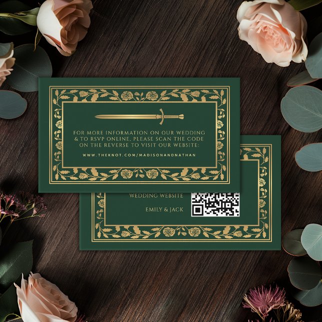 Tarjeta De Recepción Boda de espada real verde RSVP Código QR (Subido por el creador)
