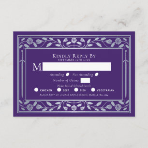 Tarjeta De Recepción Boda de espadas medievales plateada y púrpura RSVP
