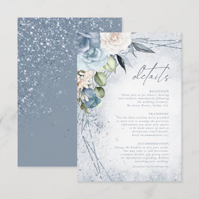 Tarjeta De Recepción Boda de espárragos florales Detalles Dusty Blue ID (Anverso / Reverso)