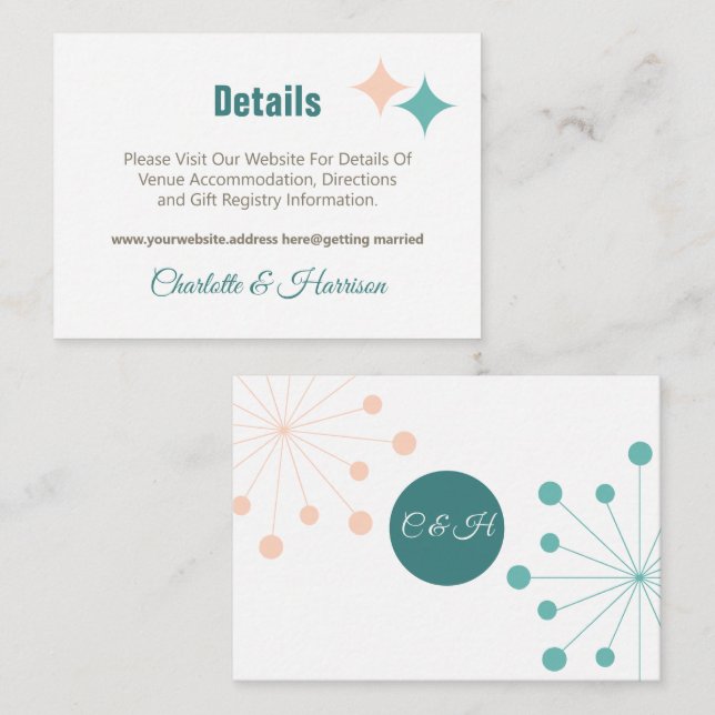 Tarjeta De Recepción Boda de estreno atómico de mediados de siglo moder (Anverso / Reverso)