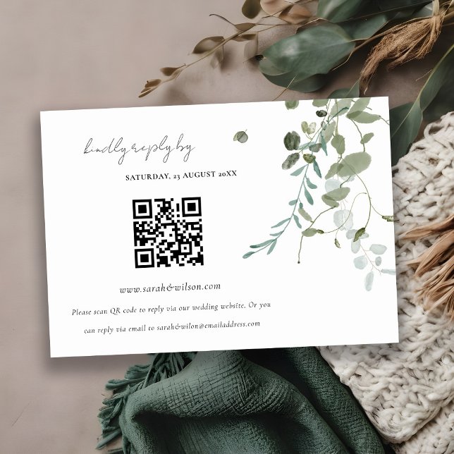 Tarjeta De Recepción Boda de eucalipto botánico Código QR RSVP (Subido por el creador)
