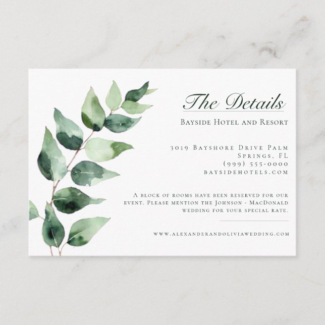 Tarjeta De Recepción Boda de Eucalipto con Acuarela | Blanco (Anverso)