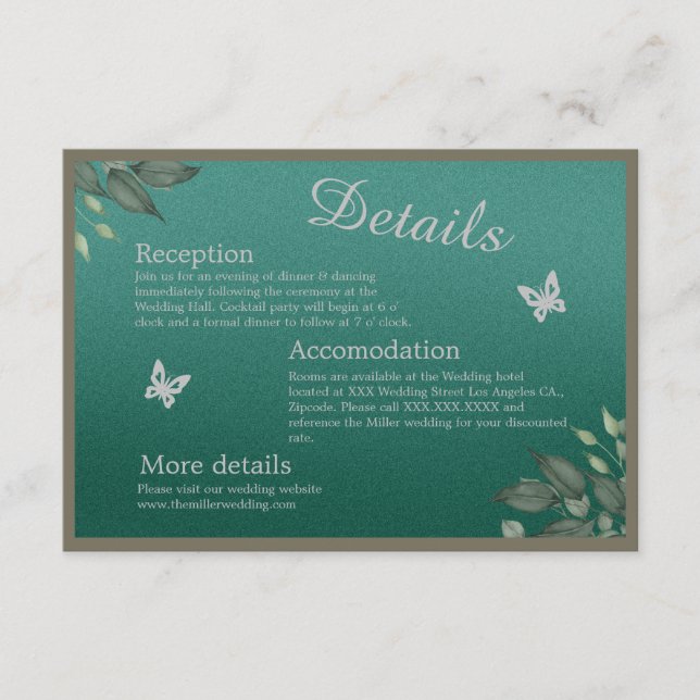 Tarjeta De Recepción boda de eucalipto floral de glam verde esmeralda (Anverso)