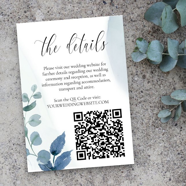 Tarjeta De Recepción Boda de Eucalyptus Dusty Detalles del Código QR (QR Code Wedding Website Details card from my Dusty Eucalyptus wedding collection)