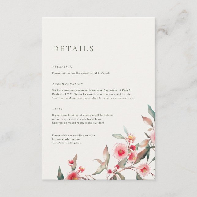 Tarjeta De Recepción Boda de Eucalyptus Greenery & Pink Florals (Anverso)
