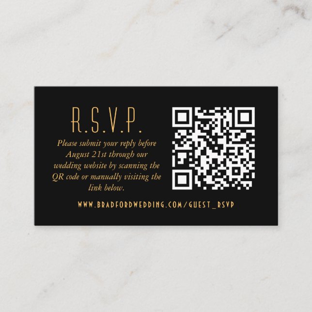 Tarjeta De Recepción Boda de fanáticos Gold Art Deco RSVP en línea (Anverso)