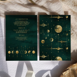 Tarjeta De Recepción Boda de Fase de la Luna de Creciente Oro Esmeralda