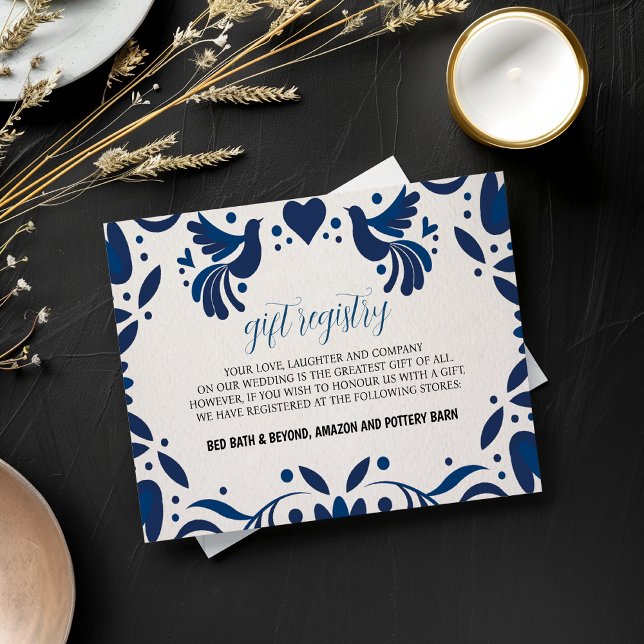 Tarjeta De Recepción Boda de Fiesta Elegante de Floral Azul Otomí (Mexican Otomi Blue Floral Elegant Fiesta Wedding Enclosure Card)